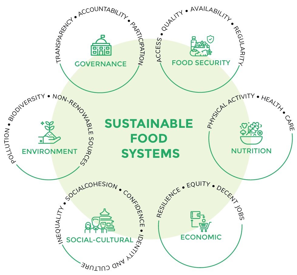 5 green circles form a pentagon to illustrate the 5 dimensions of sustainability. The Economic symbol is a shopping cart and a euro, the symbol for Health is a bowl with vegetables, the symbol for Governance is a government building, the symbol for Social-Cultural is traditional Japanese architecture, and the symbol for Environment is a hand holding a seedling.