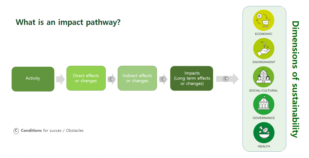 4 green boxes connected by arrows labelled as conditions for success, move left to right and depict the conditions for success in an impact pathway. The final box points to 5 vertical circles illustrating the dimensions of sustainability.